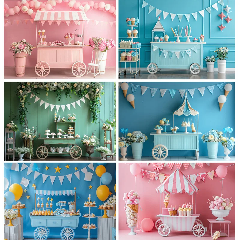 

Summer Ice Cream Cart Happy Birthday Photography Background Home Decor Easter Holiday Baby Party Photo Studio Backdrops FB-12