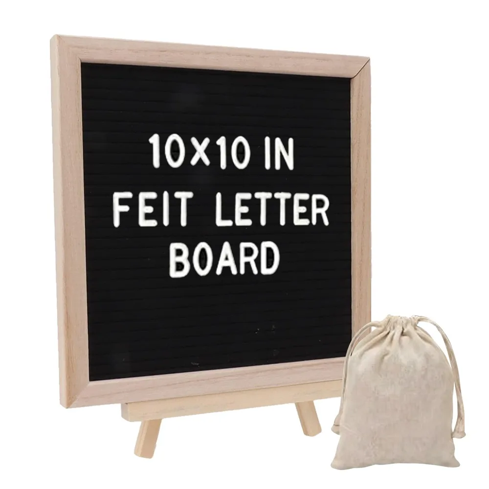 10 x 10 Inch Felt Letter Board Natural Wood Frame Tripod Stand Wooden Letter Board Black Background Message Board