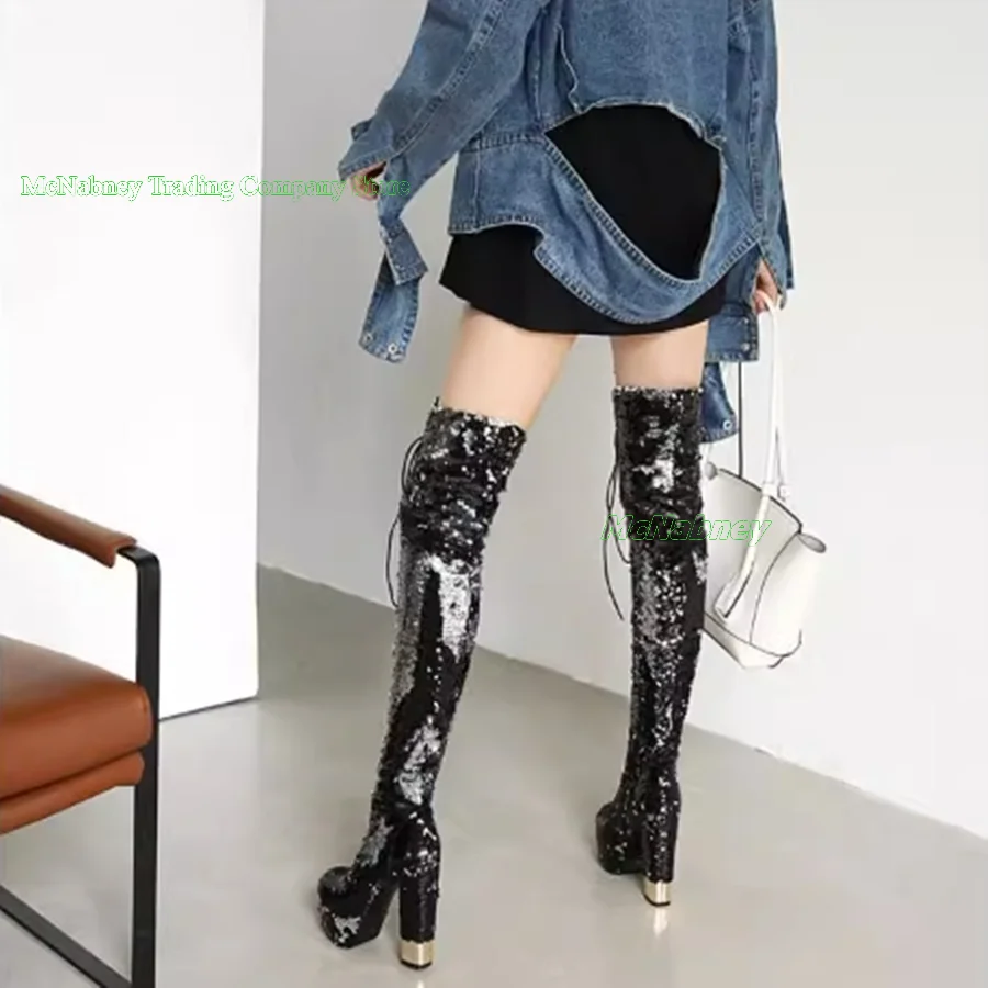 

Sexy Sequins Lace Up Knee High Boots Spring Autumn Motorcycle Women Pointed Toe Knee High Boots 2023 New Zapatos Para Mujere
