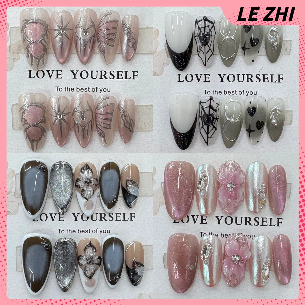 

Sweet Cool Handmade Almond Ellipse Detachable Press On Nails Cat Eyes Hand-Drawn Flower Spider Web Pearl Diamond False Nails