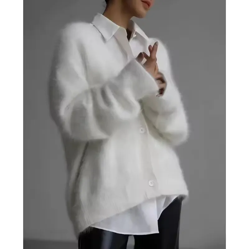 Autumn Winter Women Cardigan Sweater 2025 Imitation Mink Fur Versatile Casual Knitwear Female V-neck Loose Ladies Knitted Top