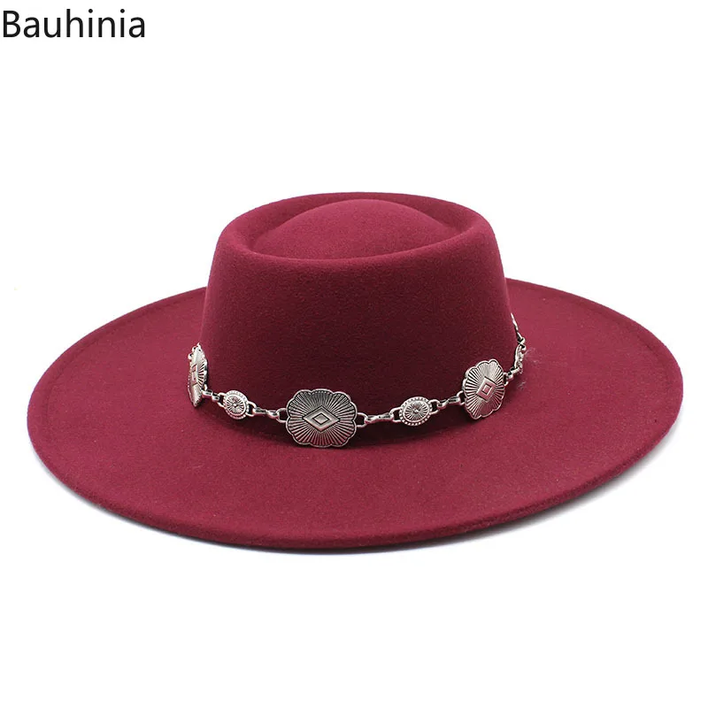 Bauhinia White Felt Fedoras Hat For Women 9.5cm Big Brim New Formal Church Wedding Cap Concave Flat Derby Hats