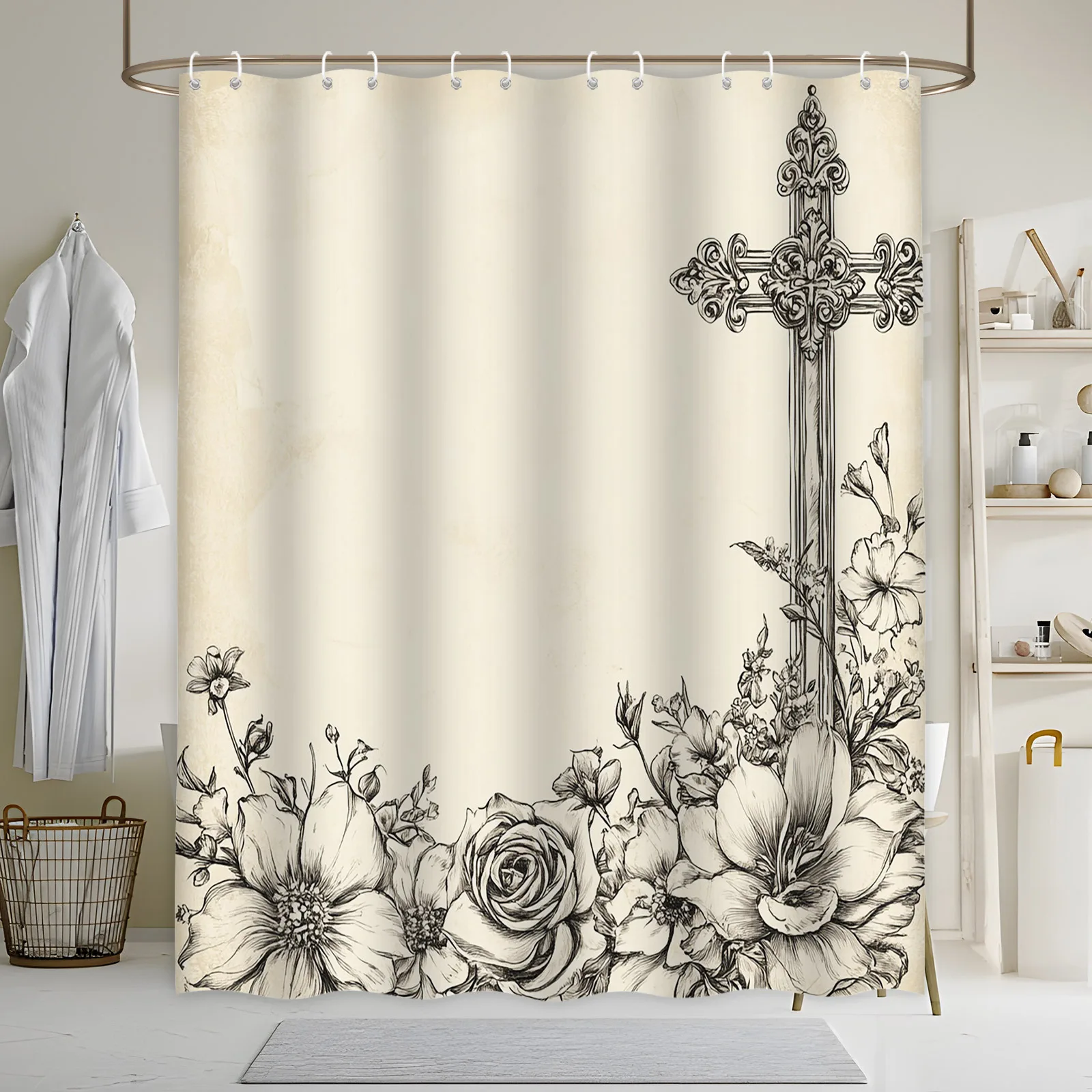 

Gothic Cross & Floral Bath Curtain - Vintage Sepia Pencil Drawing, Roses & Lilies, Romantic Polyester, Machine Washable