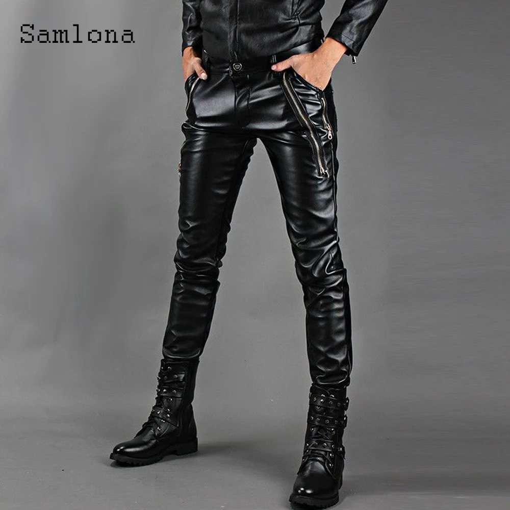 

Samlona 2023 New Sexy PU Leather Pants Male Fashion Slim Trouser Punk Style Zipper Cuff Pantalon Black Faux Leather Dance Pants