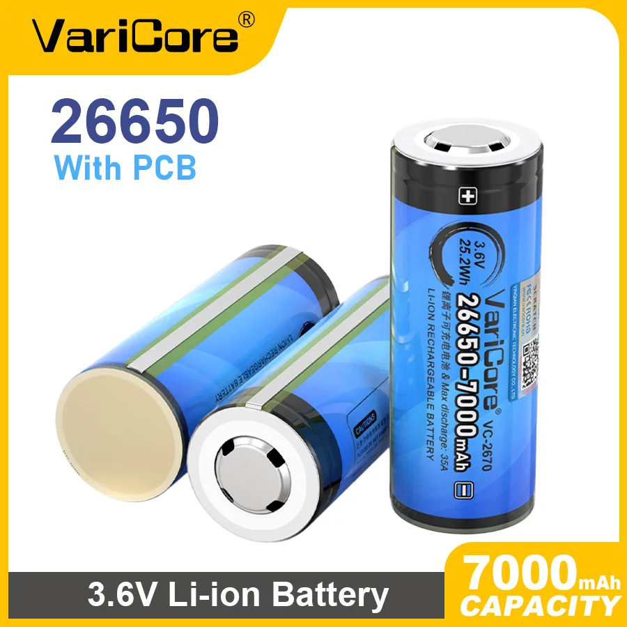 VariCore VC-2670 3,6 В 26650 литиевая аккумуляторная батарея с защитой печатной платы, разряд 35 А, большая емкость 7000 мАч