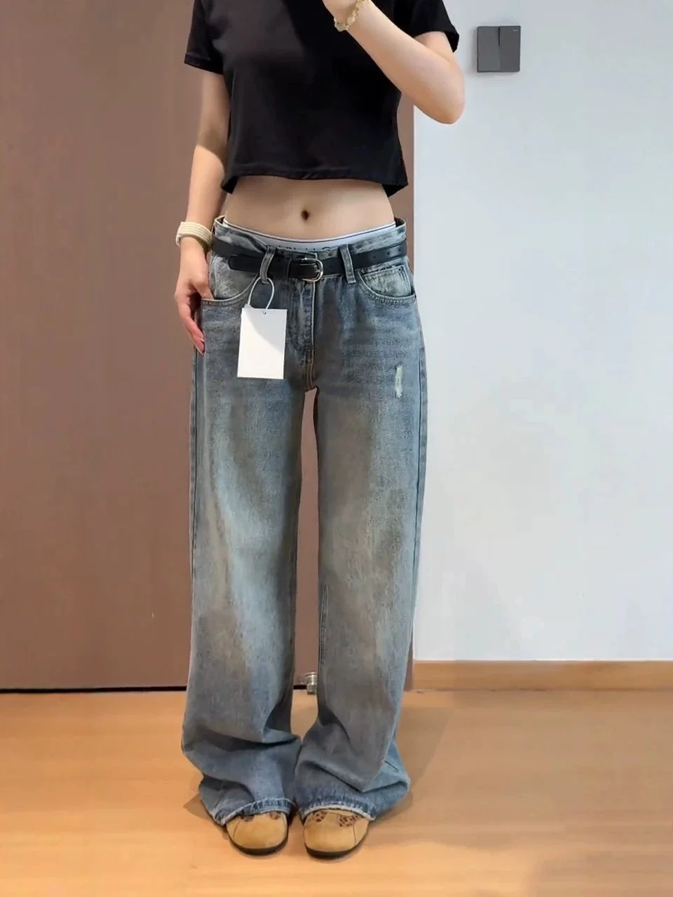Low Waist Bell Bottom Women's Jeans High Waist Flared Trousers Star Print Casual Straight Leg Floor Length Pants