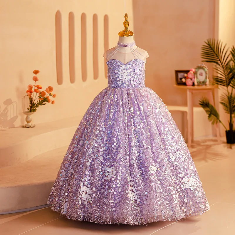 Real Picture Shinny Lilac Little Girl Special Occasion Dresses Halter Beading Sequined Children Prom Birthday Party Gown Robes