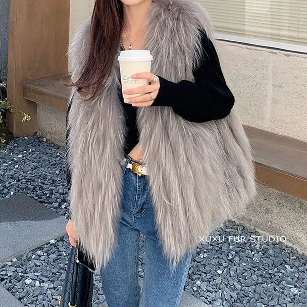 2023 Autumn Winter Women New Imitation Fox Fur Vest Female Solid Sleeveless Coats Ladies Faux Raccoon Fur Vest Jackets Y429