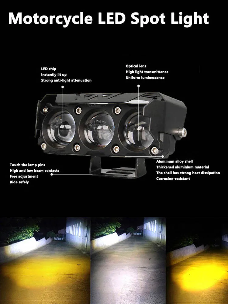 Spot lumineux LED pour motos, double couleur, faisceau haut/bas, antibrouillard, pour voiture, camion, SUV, UTV, 12V, 24v, mini, lentille, phare de conduite