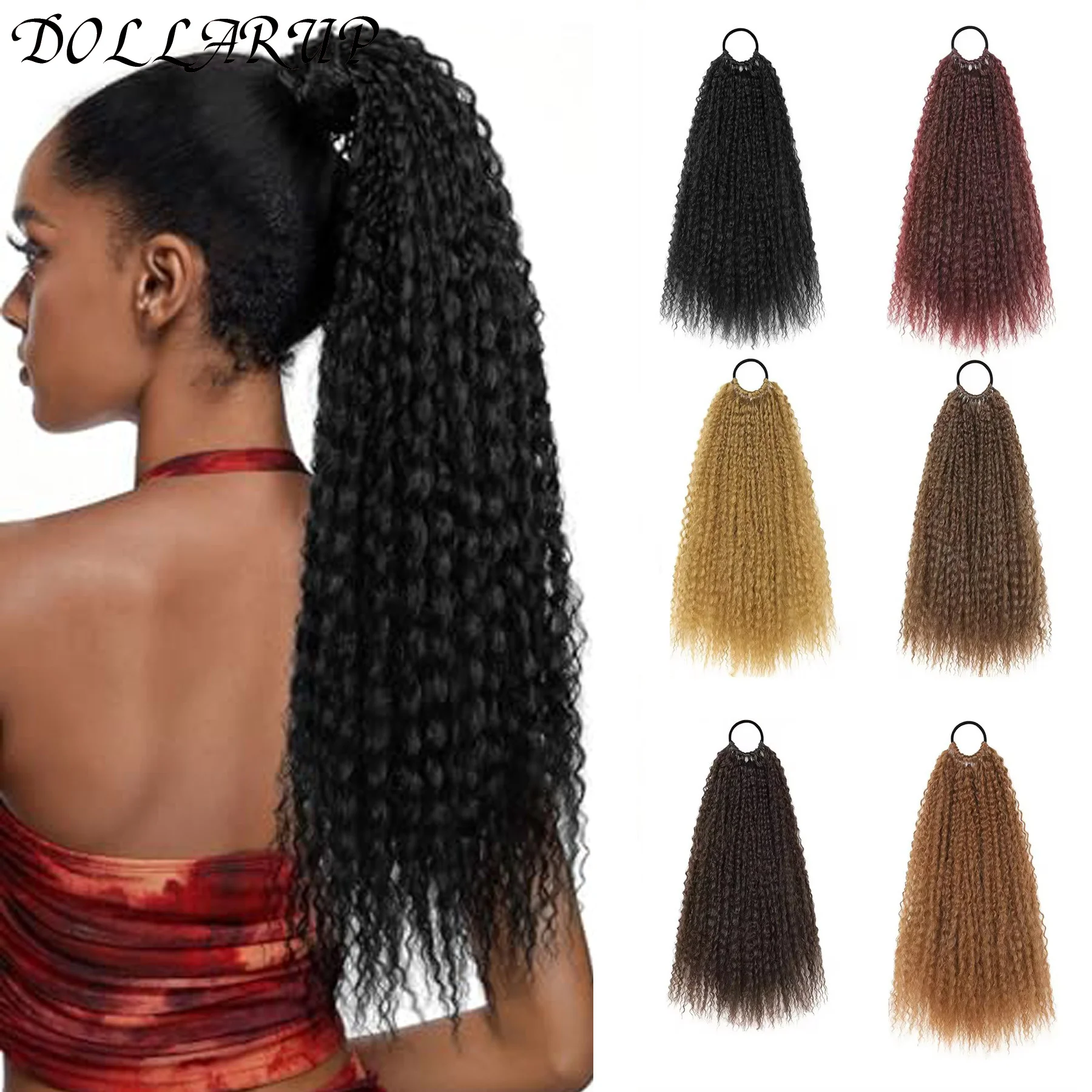 

DOLLARUP Synthetic Ponytail Extensions Rubber Band Long Fluffy Curly Hair Ponytail 20 Inch Afro Curly Hairpieces Fake Tail