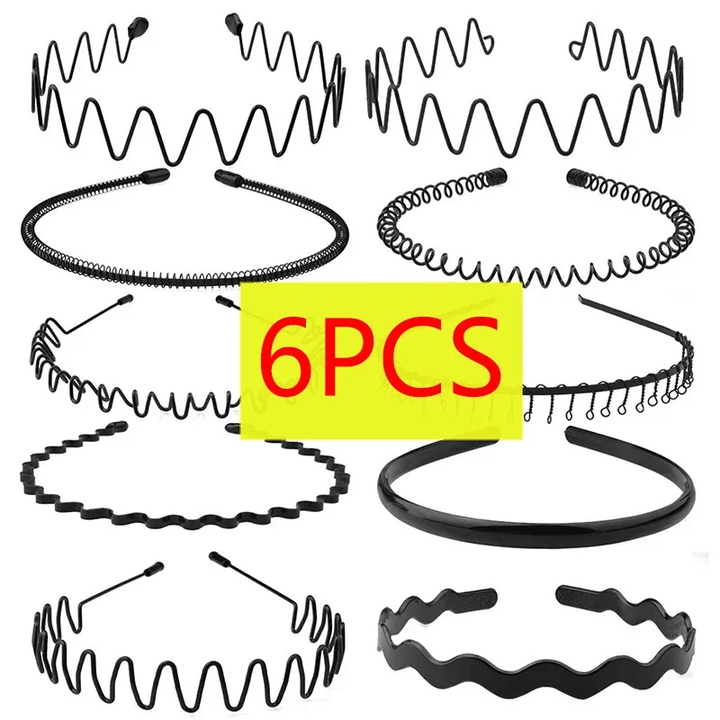 6 pçs moda preto metal ondulado estilo esportes hairband cor sólida para homens mulheres unisex faixa de cabelo casual adulto headwear para menino