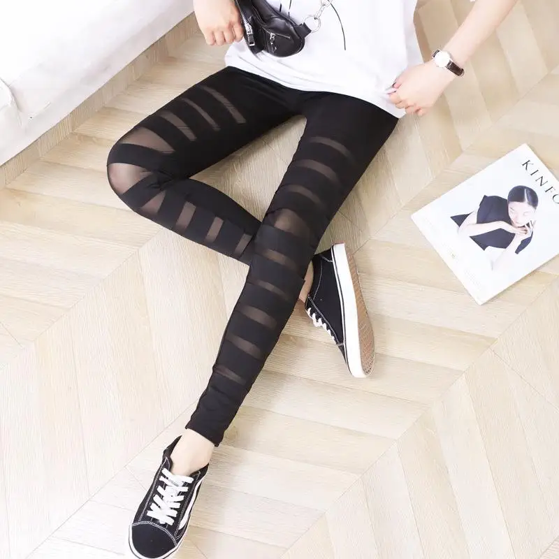 

plus Size Women's Tight Crop Pants with Horizontal Straps Slim Fit Bot Thin Material Polyester Fiber Spring Collection