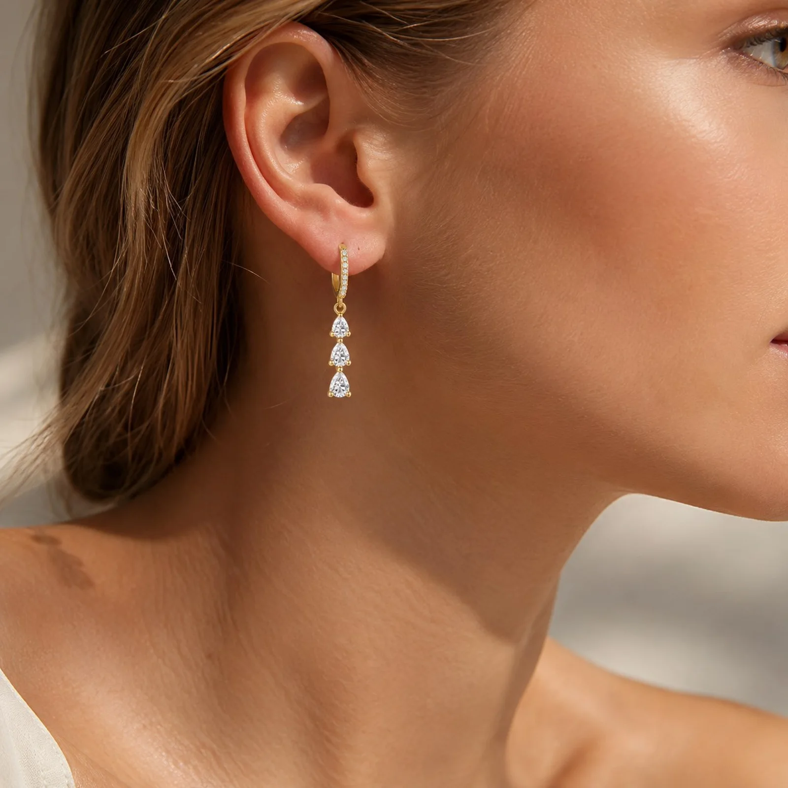 Drop Fringe Earrings, 14K Gold Plated Long Lasting Tarnish Free Marquise Pear Cut CZ Piercing Stud Jewelry Luxury Party Jewelry