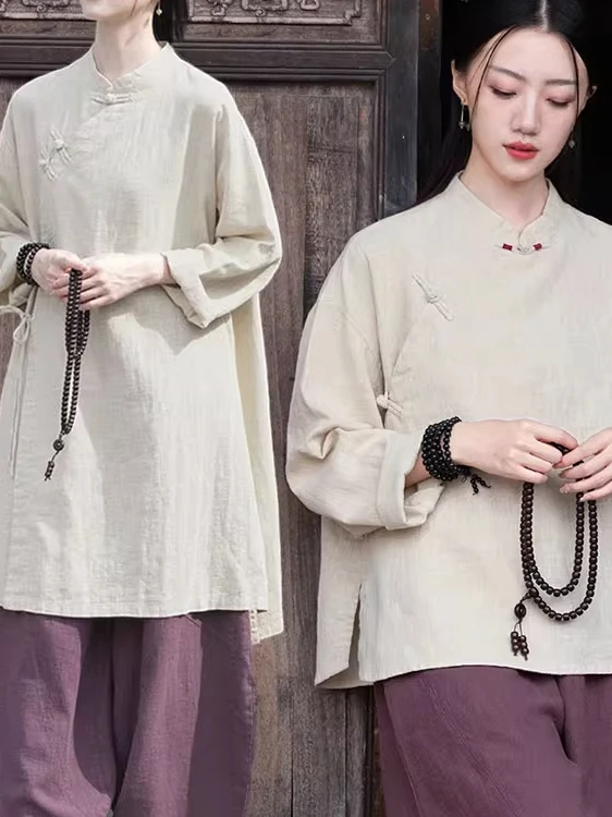Setelan Zen Wanita dari Katun Linen Kasual Longgar dengan Pakaian Pendeta Buddha Tradisional Tiongkok...