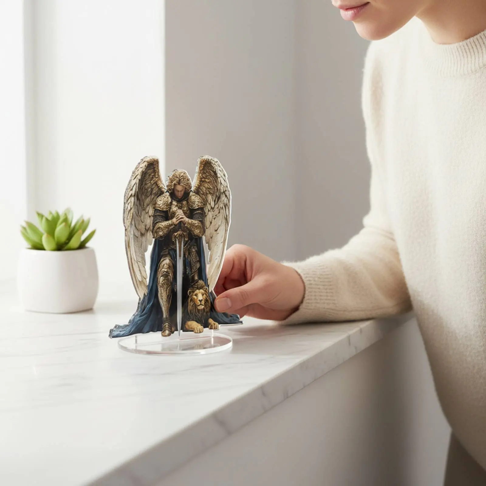 Saint. Archangel Acrylic Statue Meaningful Christian Gift Celestial Being with Lion Acrylic Decoration 2D Celestial Being view 3