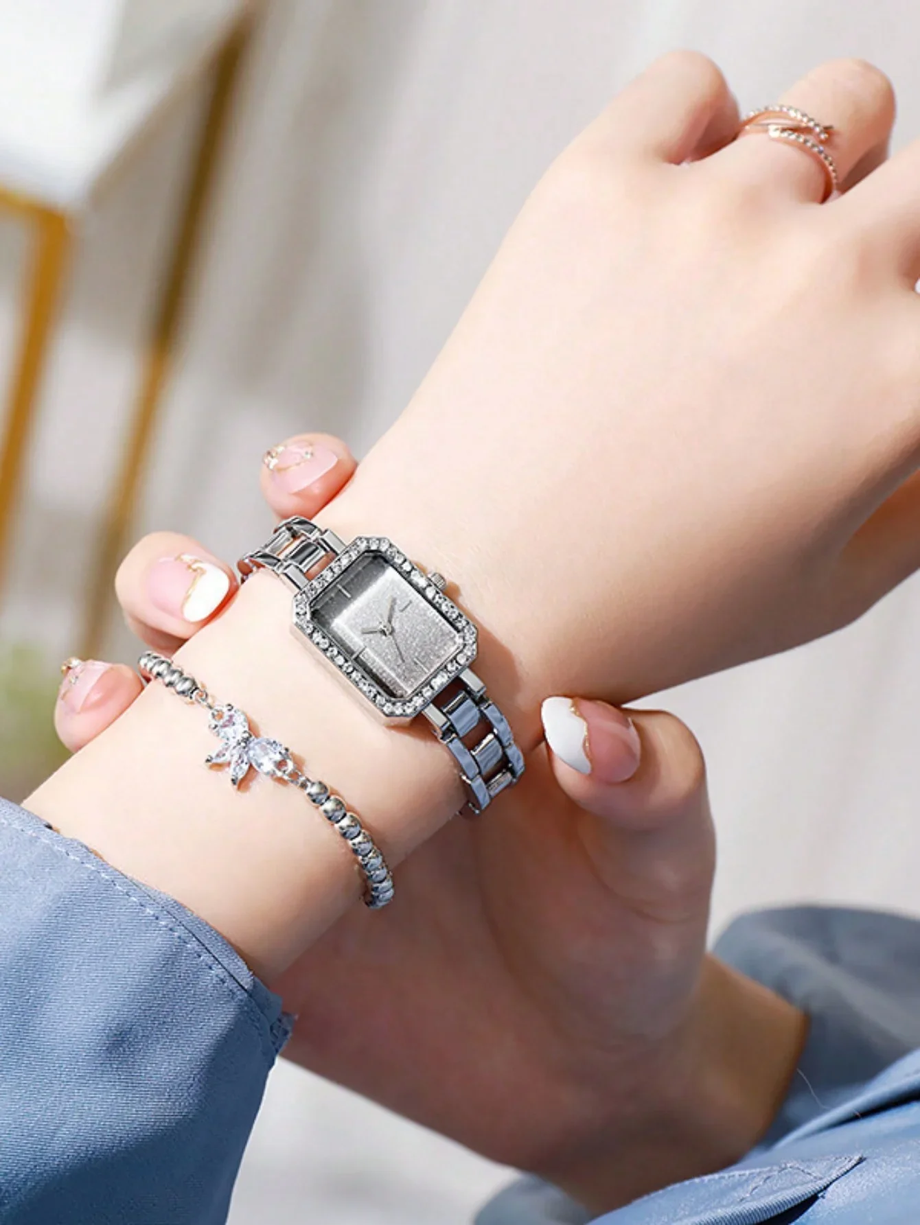 2-piece set of women's watches, women's styles, simple and fashionable, starry sky, diamond studded square watch set