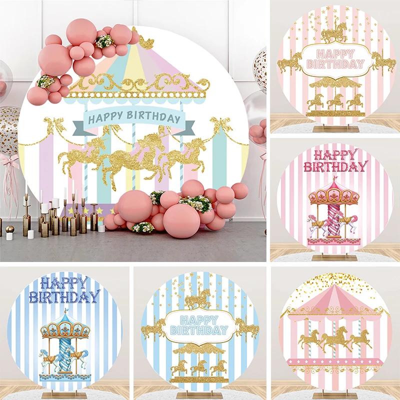 Round Backdrop Carousel Theme Party Decorations for Baby Girl Birthday Carousel Background Cloth Circle Photo Banner Photography