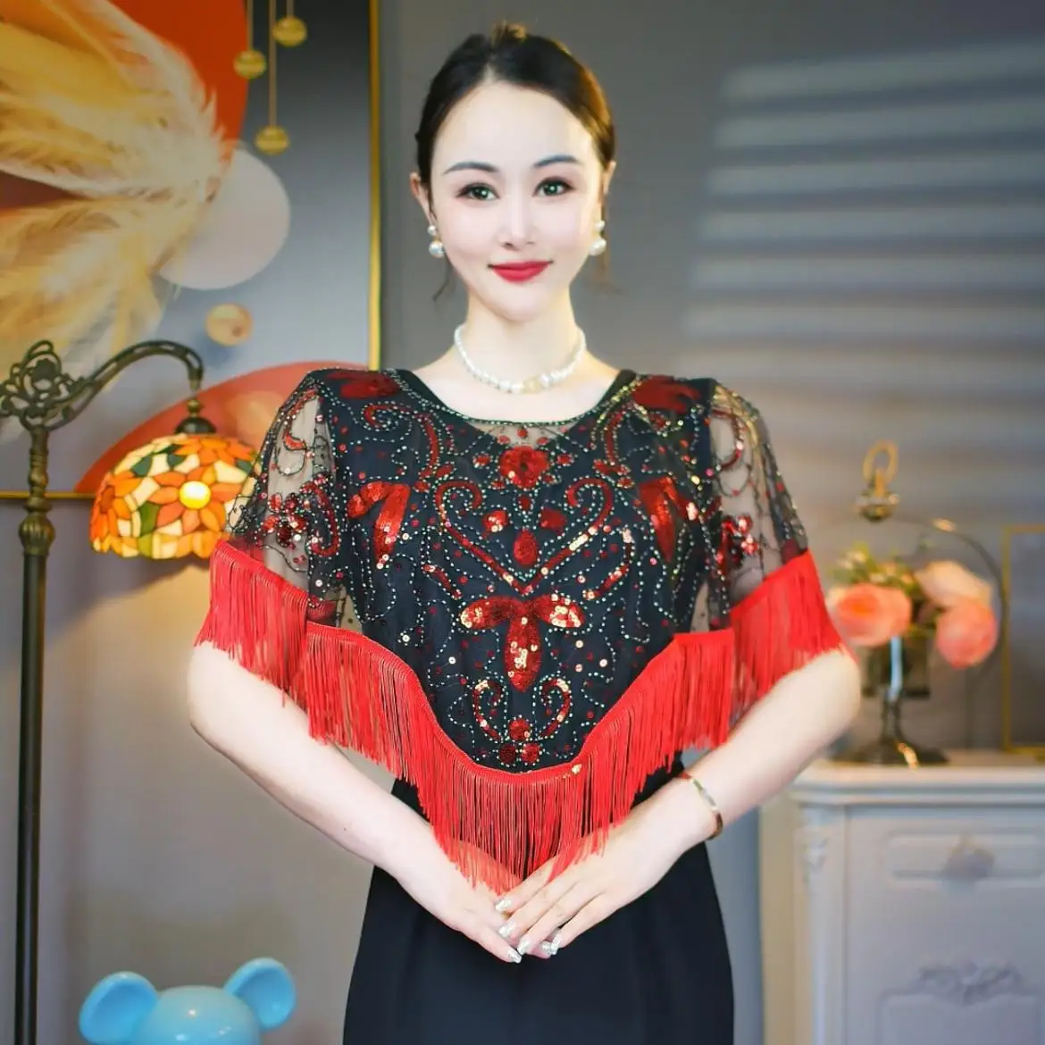 Ladies' Sequins Tassels Sun Protection Shawl Women'S Summer Retro Ethnic Style Cape Qipao Dress Performance Cover Gauze Scarf