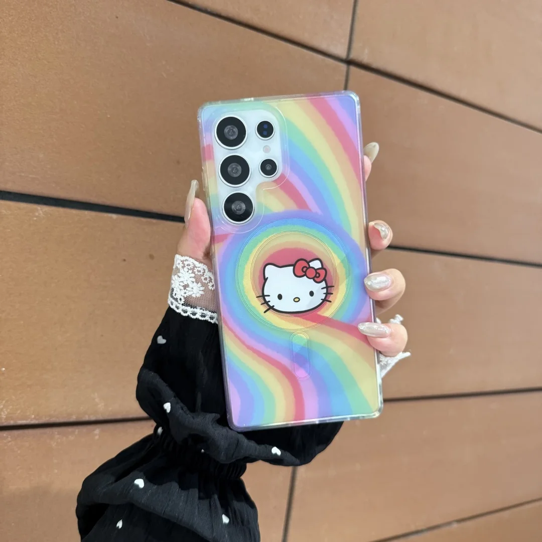 3D Fun Candy Hello Kitty with Magnetic Holder Case For Samsung Galaxy S23 S24 Plus S23 S25 Rainbow Color Wireless Charge Cover