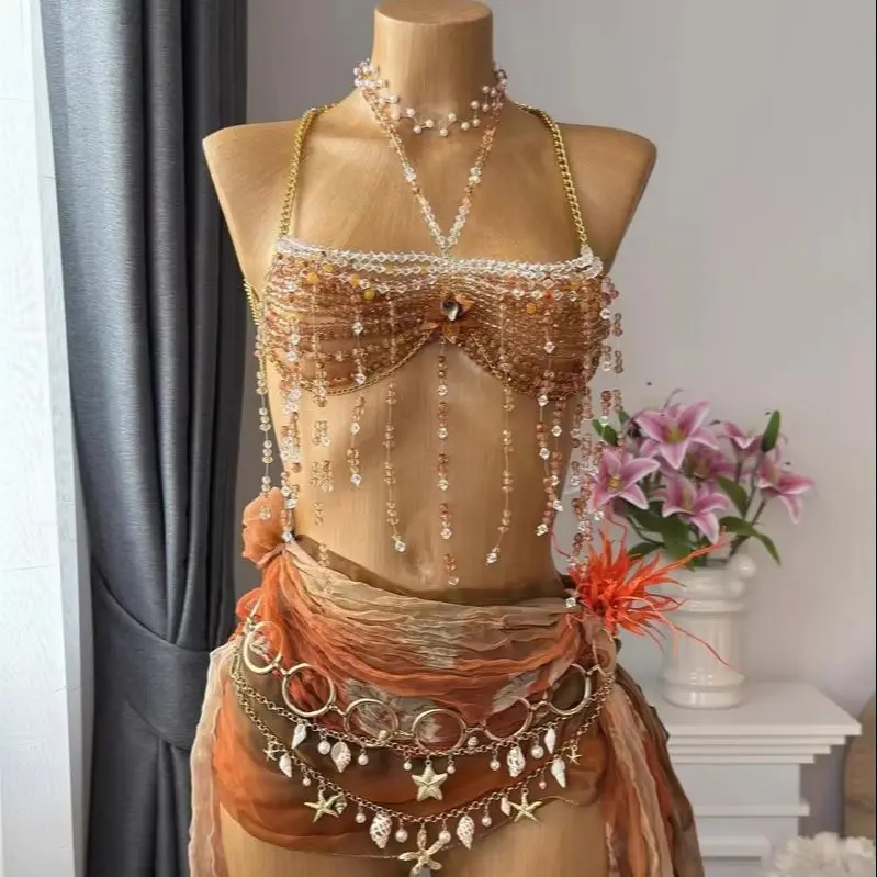 Colorful Beaded Body Chain Women Nightclub Sexy 2 In 1 Hanging Neck Chest Chain Tops Beaded Backless Spice Girls Dresses