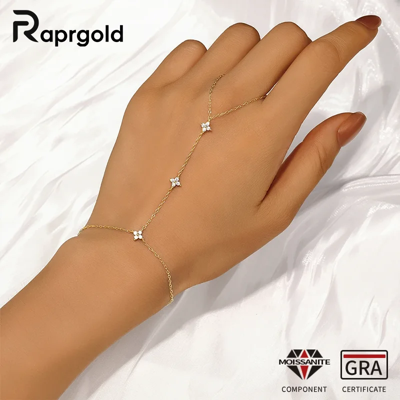 

RAPRGOLD Round Cut Moissanite Lucky Flower Bracelet for Women S925 Sterling Silver Hand Chain Wedding Accessories Jewelry Gifts