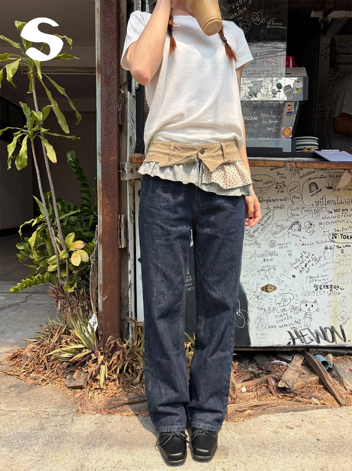 

Джинсы женские прямые в корейском стиле с рюшами и принтом в горошек, длинные брюки, дизайнерская модель, повседневные, дышащие, эластичные, размер 11