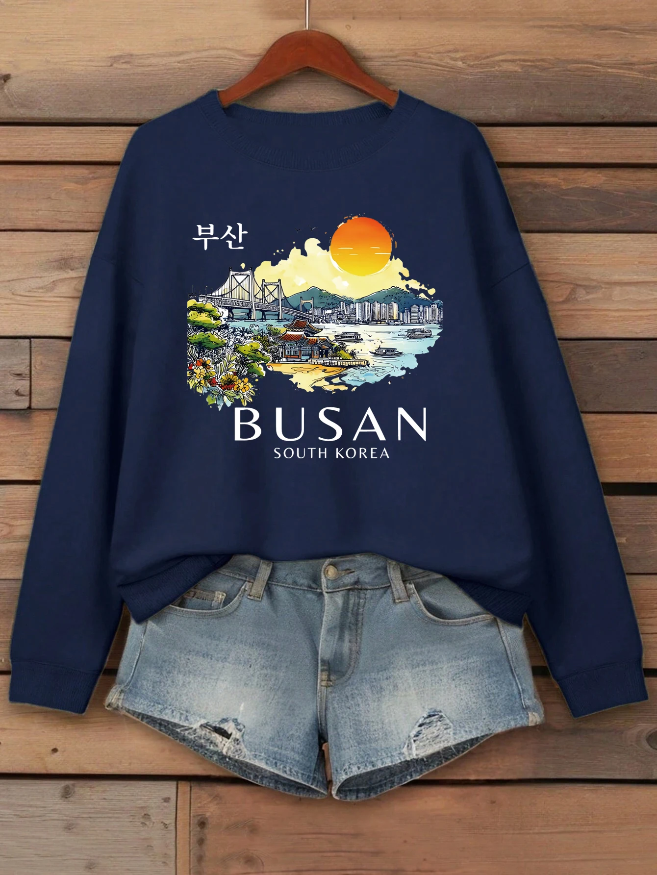 

Женский свитшот с принтом Busan, Южная Корея, флисовые удобные пуловеры, осенняя уличная одежда с круглым вырезом, свободная повседневная женская одежда