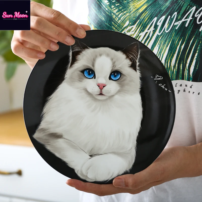 Cute Animal Black Cat Ceramic Western Food Plate Home Dessert Plate Bone Porcelain Decorative Hanging Plate Fruit Plate Gift