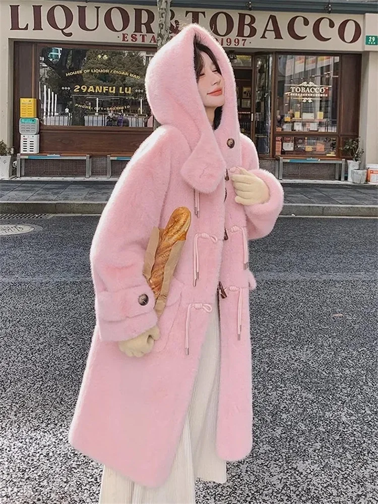 Lamb Fur Grass Coat Women Winter 2024 With Thick Fleece Warm Cow Horn Buckle Hooded Long Sleeves Long Design Cute and Versatile