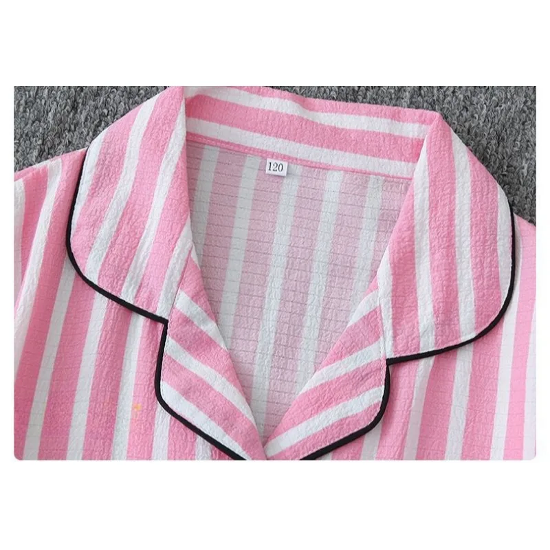 Sexy Sleepwear Women Plus Size Pink Striped Pajamas Bubble Crumpled Cotton Student Loungewear Long Sleeve Long Pants Nightwear