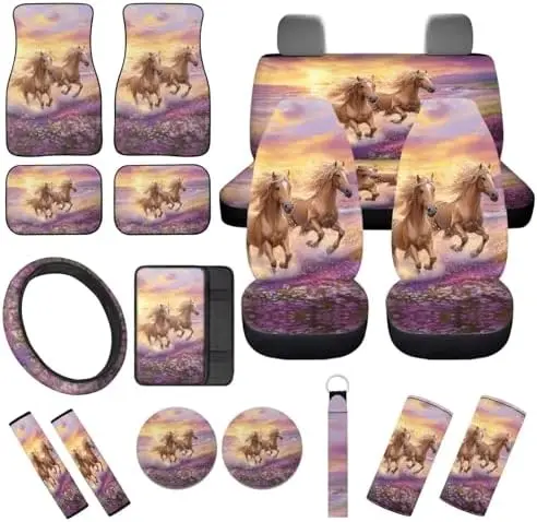 

Purple Flower Horse 17-Piece Car Interior Set – Seat Covers, Floor Mats, Steering Wheel Cover & More