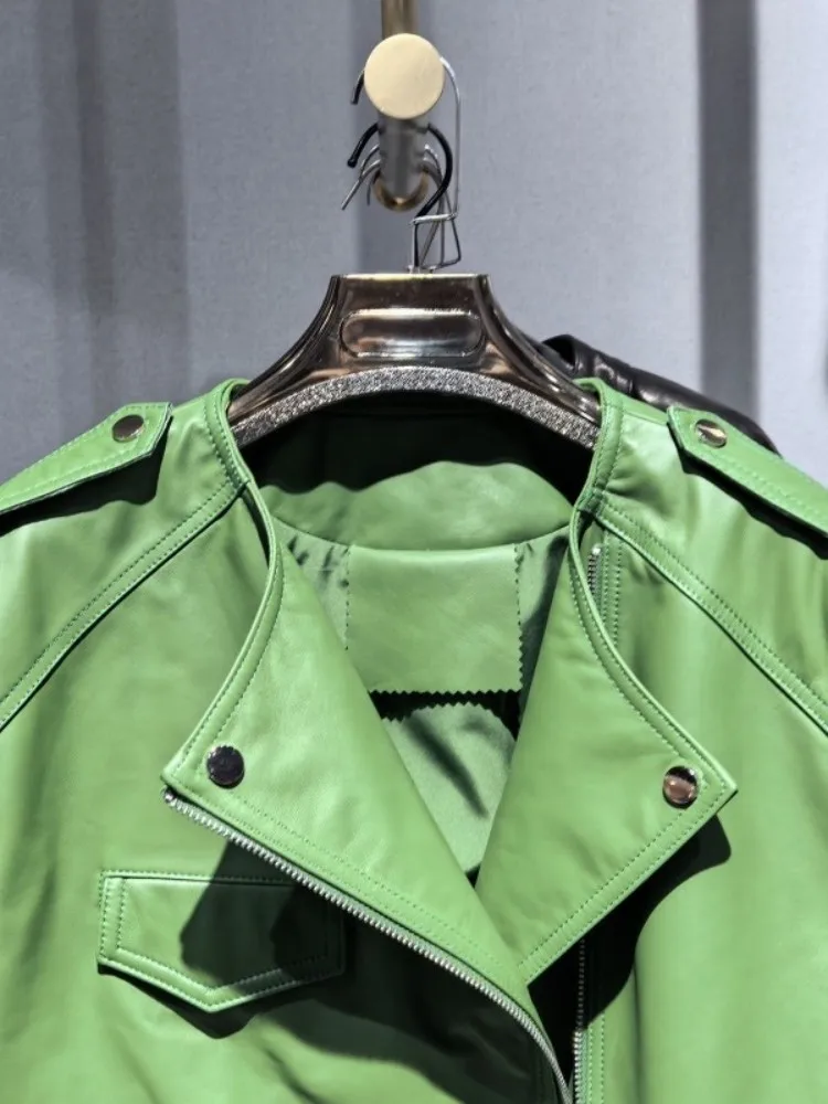 Giacca bomber da donna in vera pelle di alta qualità da ufficio, tinta unita, girocollo, cerniera, maniche lunghe, cappotti slim in pelle di pecora