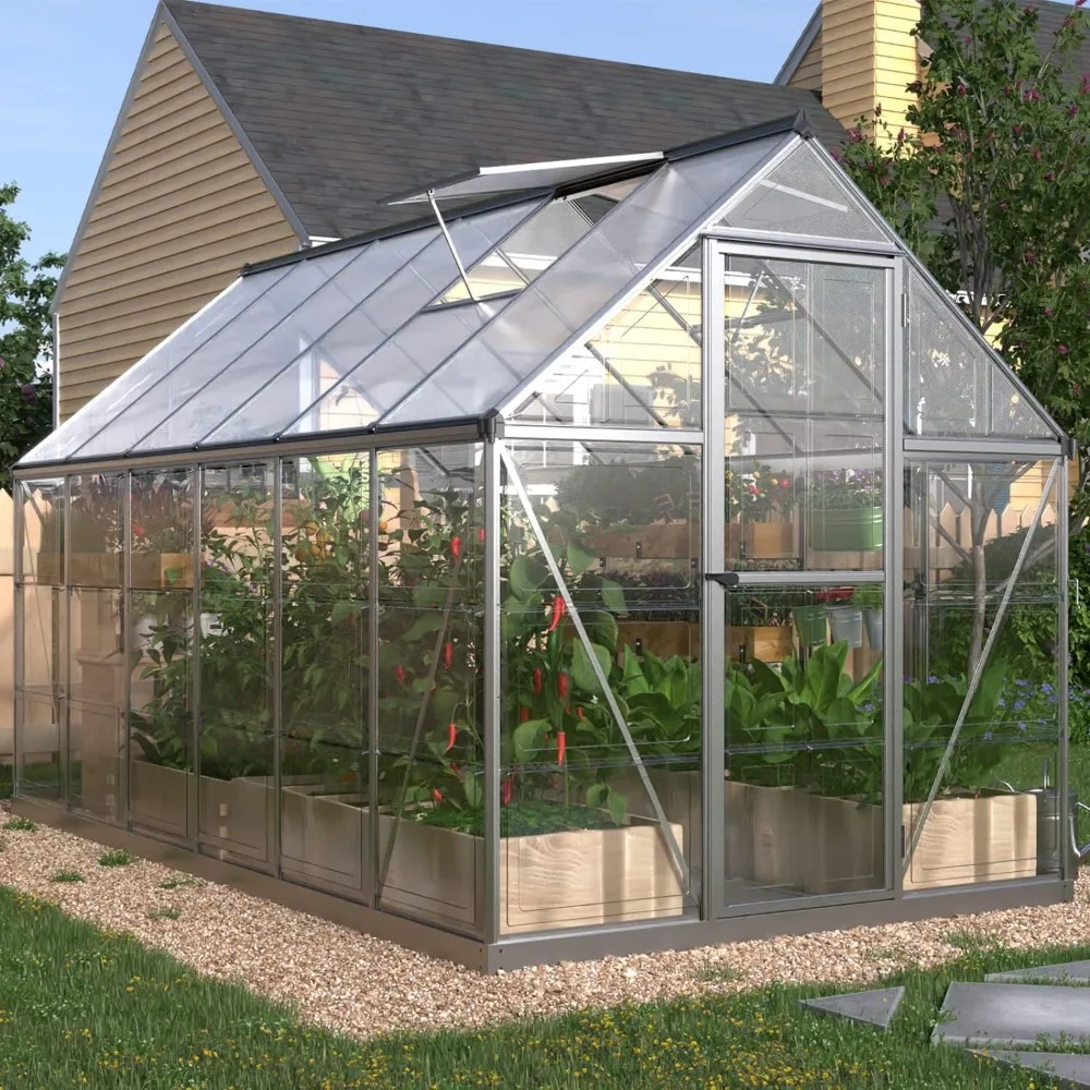 6x12 FT Hybrid Polycarbonate Greenhouse Walk-in Hobby Greenhouse 3 Vent Window with Lockable Hinged Door Aluminum Hot House for