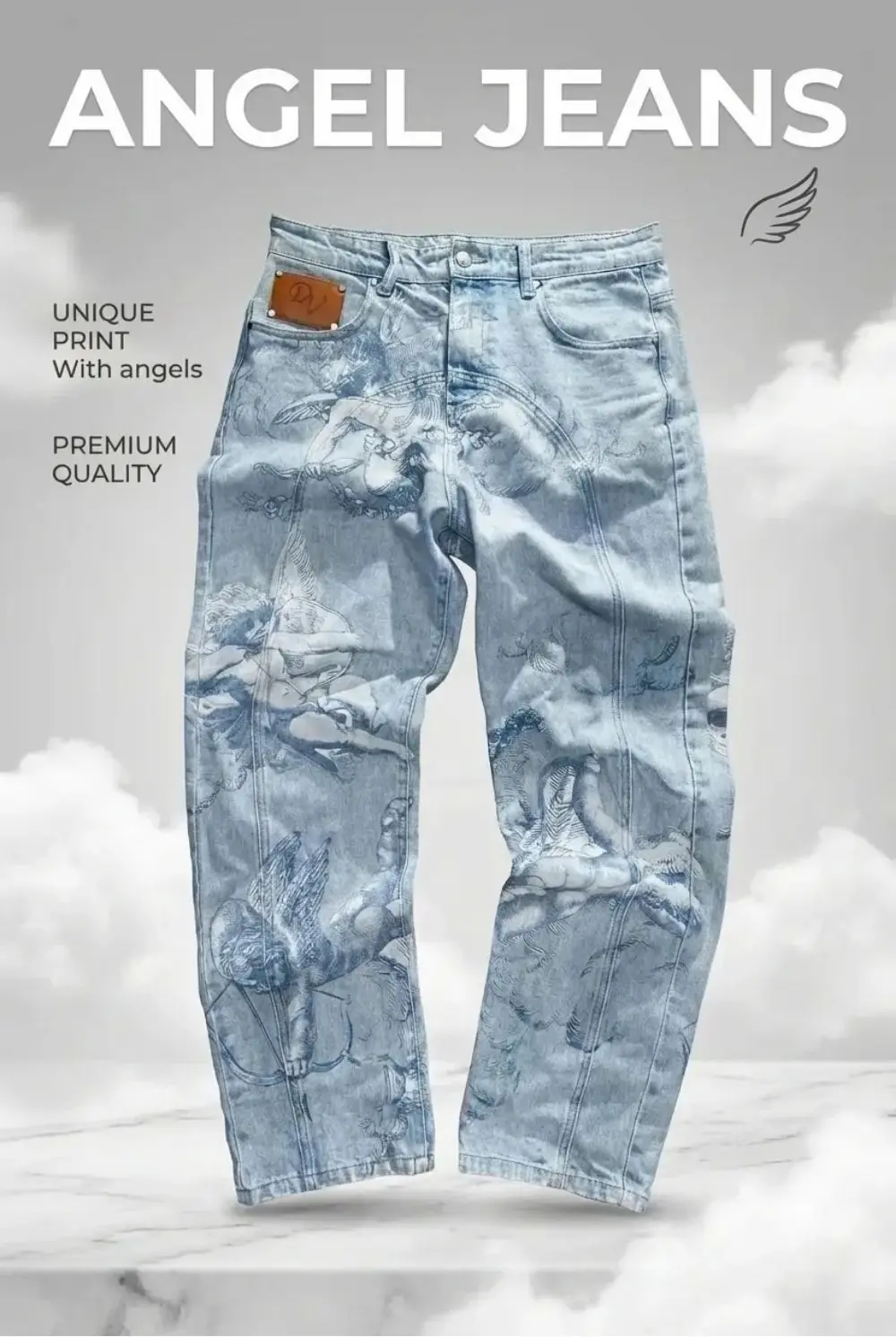 Calças Jeans com Estampa Única Angels, Moda Gótica Hip Hop Streetwear para Homens e Mulheres, Calças de Denim de Qualidade Premium, Calças Baggy Y2K