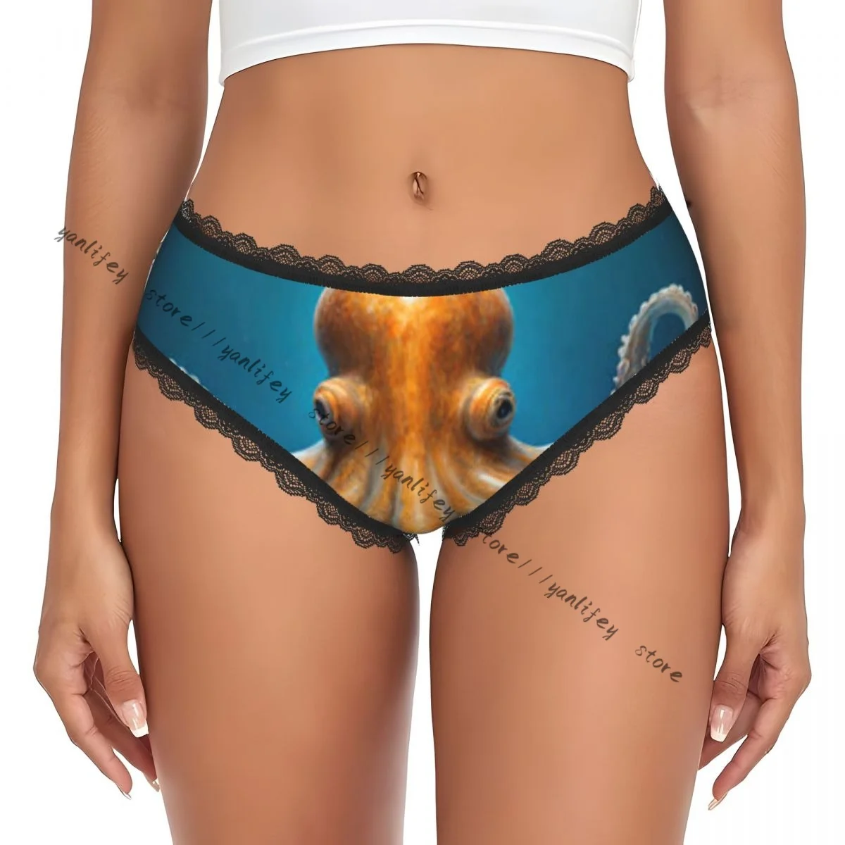 Ropa interior triangular de encaje para mujer, bragas diarias con diseño de pulpo en el mar azul profundo
