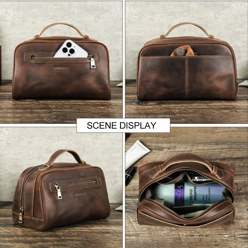 New Fashion British Style Crazy Horse Cowhide Handheld Unisex Storage Large Capacity Genuine Leather Washing Large Capacity Bags