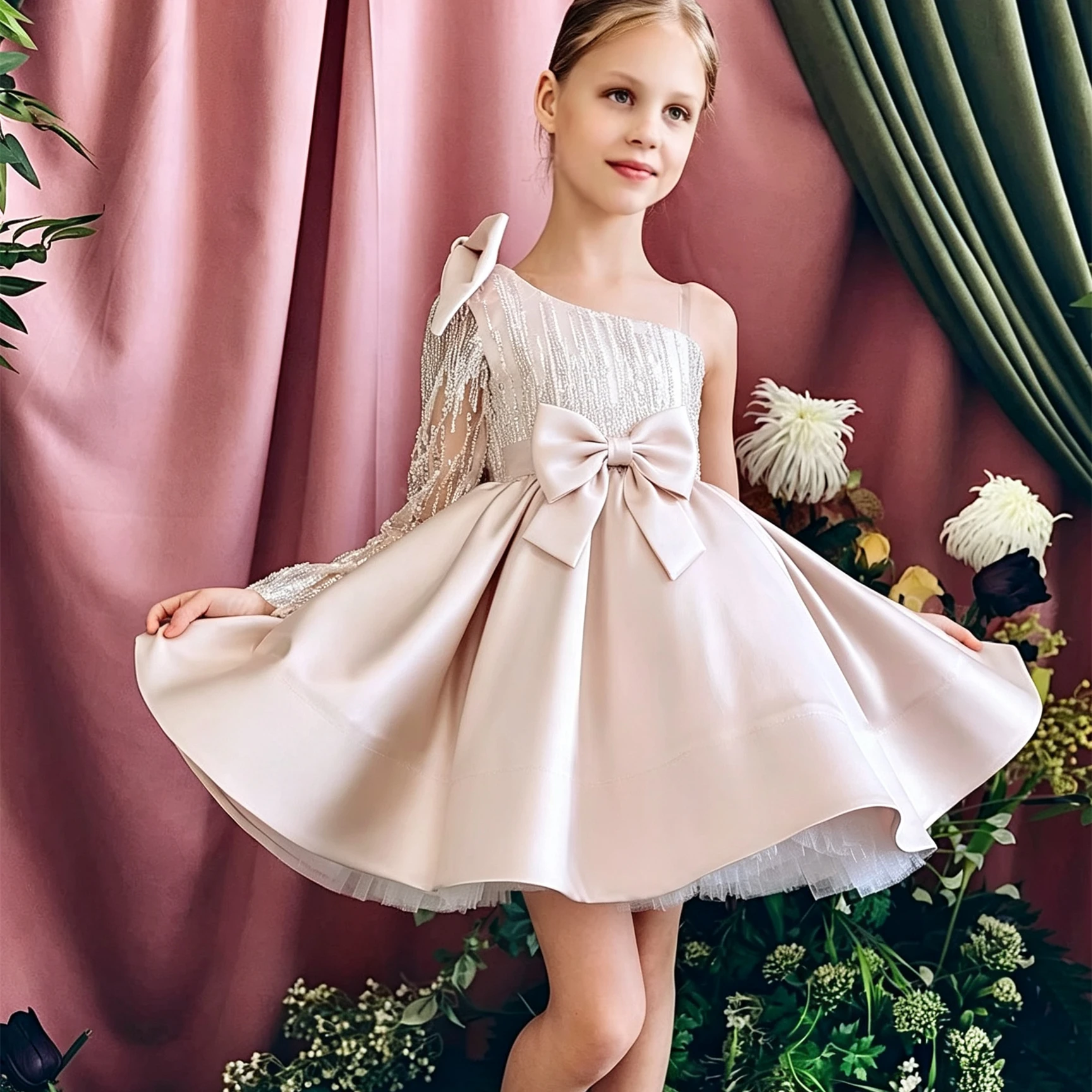 Customized Flower Girl Dress For Wedding Bow Glitter Long Sleeve Knee Length Elegant Kids Birthday Party First Communion Gown