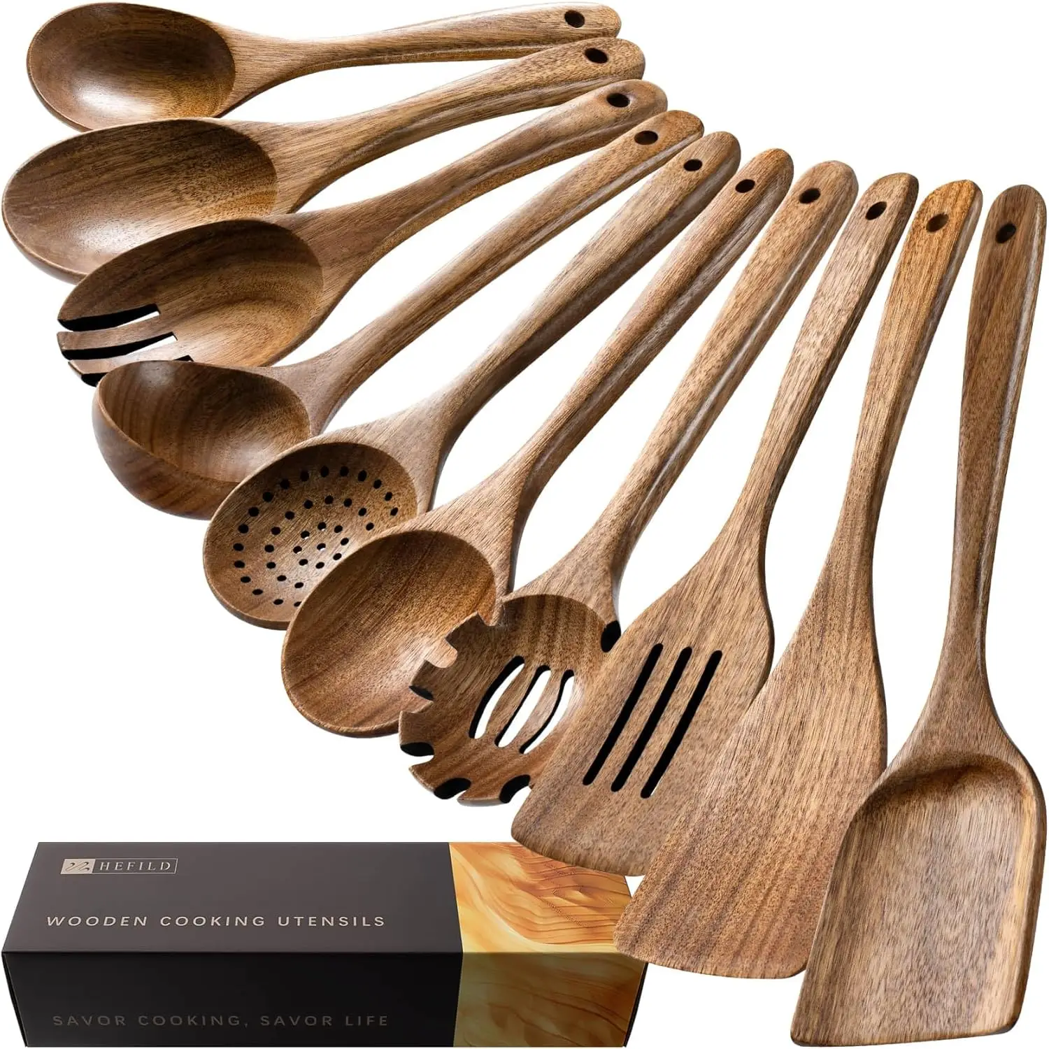 

Wooden Spoons for Cooking, Nonstick Cooking Utensil Set with 10 Piece Acacia Wooden Spatulas and Spoons for Cooking, Terrific fo