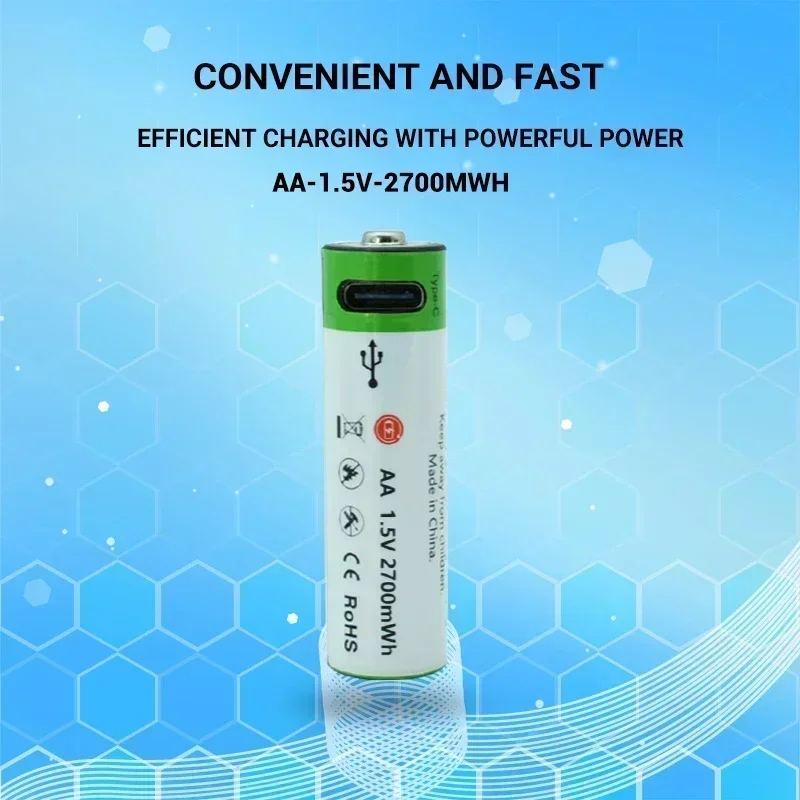 New AA battery 1.5V 2700mAh USB rechargeable lithium-ion battery, suitable for mouse, toy, clock, and remote control batteries