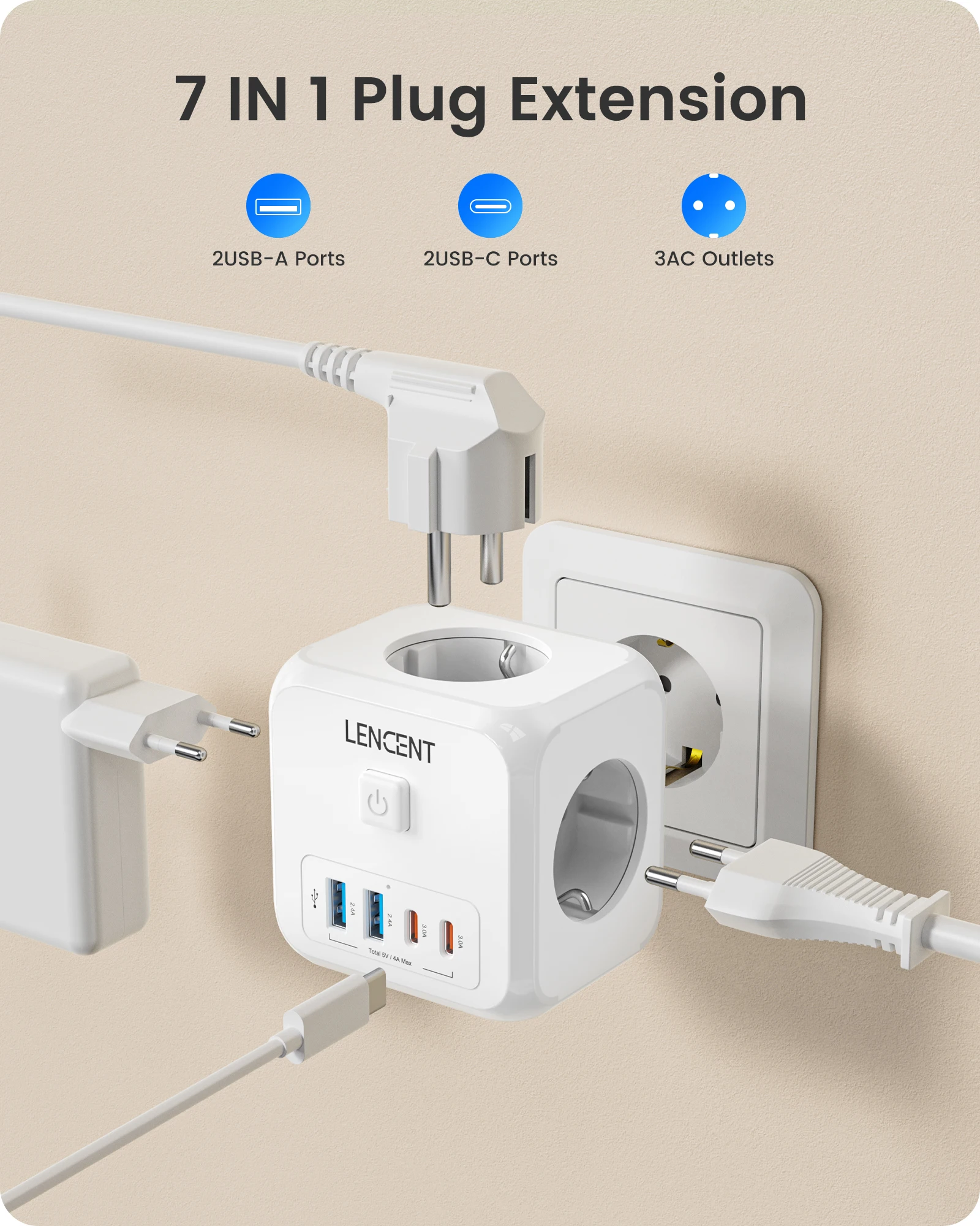 LENCENT 7 w 1 EU Plug Wall Socket Extender z 3 gniazdami AC + 2 USB-A + 2 USB-C Cube Socket On/Off Adapter włącznika/wyłącznika do domu