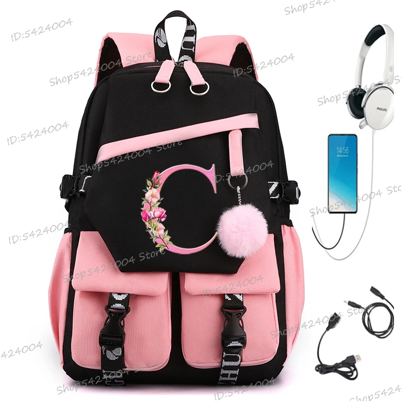 26 Initials Flower School Bags for Teenage Girls Pink Flower Alphabet Cute Gift Students Bookbag Letters A B C D Travel Bagpack
