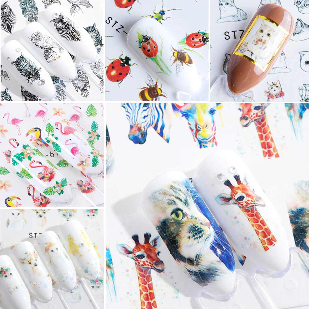 1pcs Flamingo Nail Art Sticker Water Decal Slider Cat Giraffe Rabbit Animals Transfer Manicure Nail Art Decoration JISTZ614-673