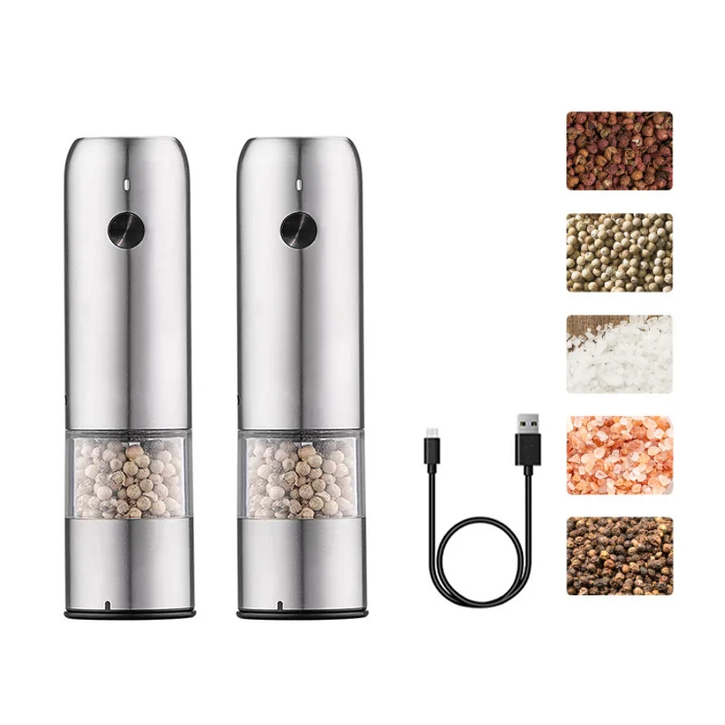 Mini Electric Salt And Pepper Grinder USB Rechargeable One Handed Operation Stainless Steel Spice Mill Kitchen Pepper Grinders
