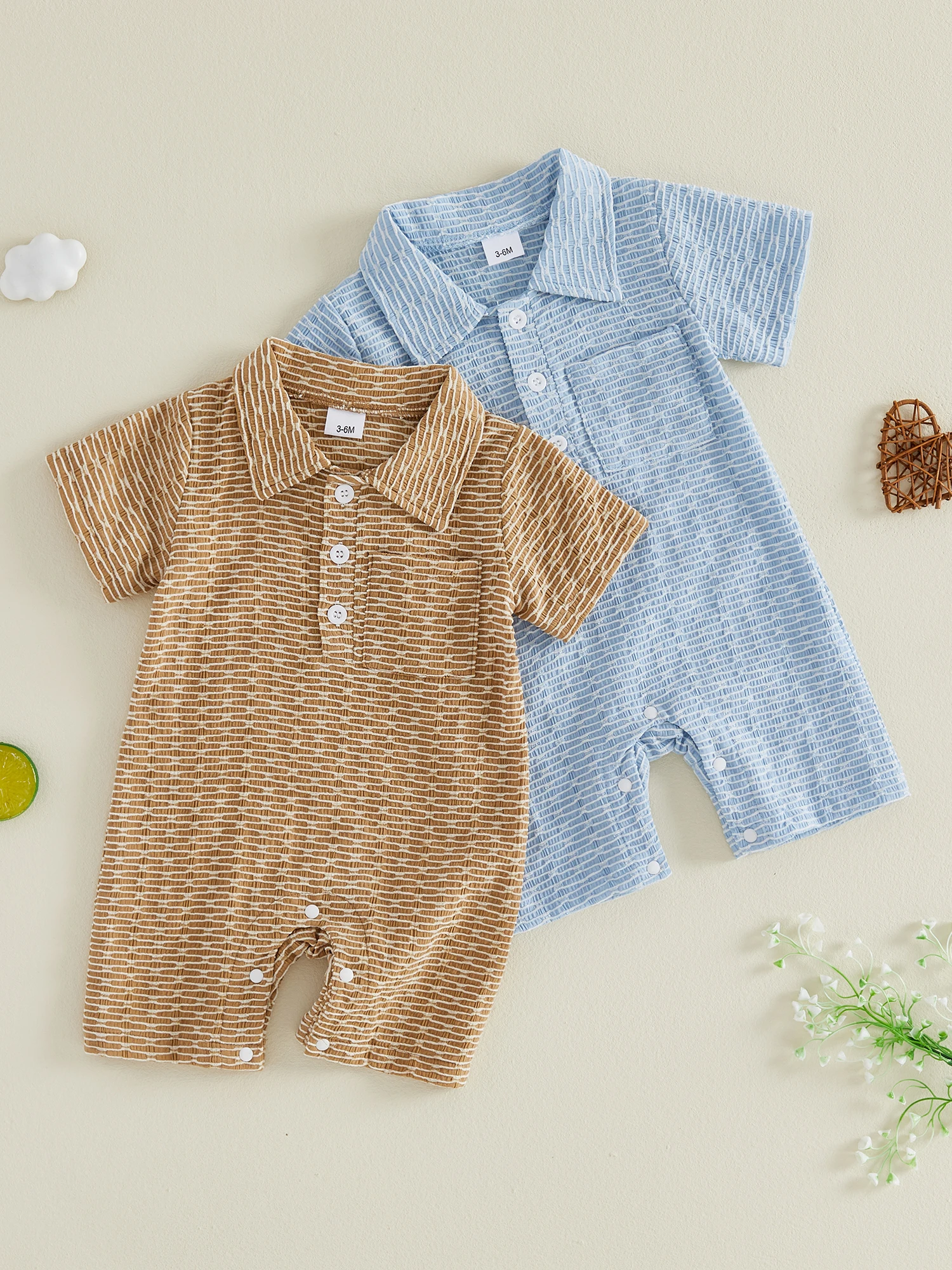 

Adorable Toddler Boy Romper with Trendy Button Collar and Textured Surface for a Stylish Summer Look - Short Sleeve Baby