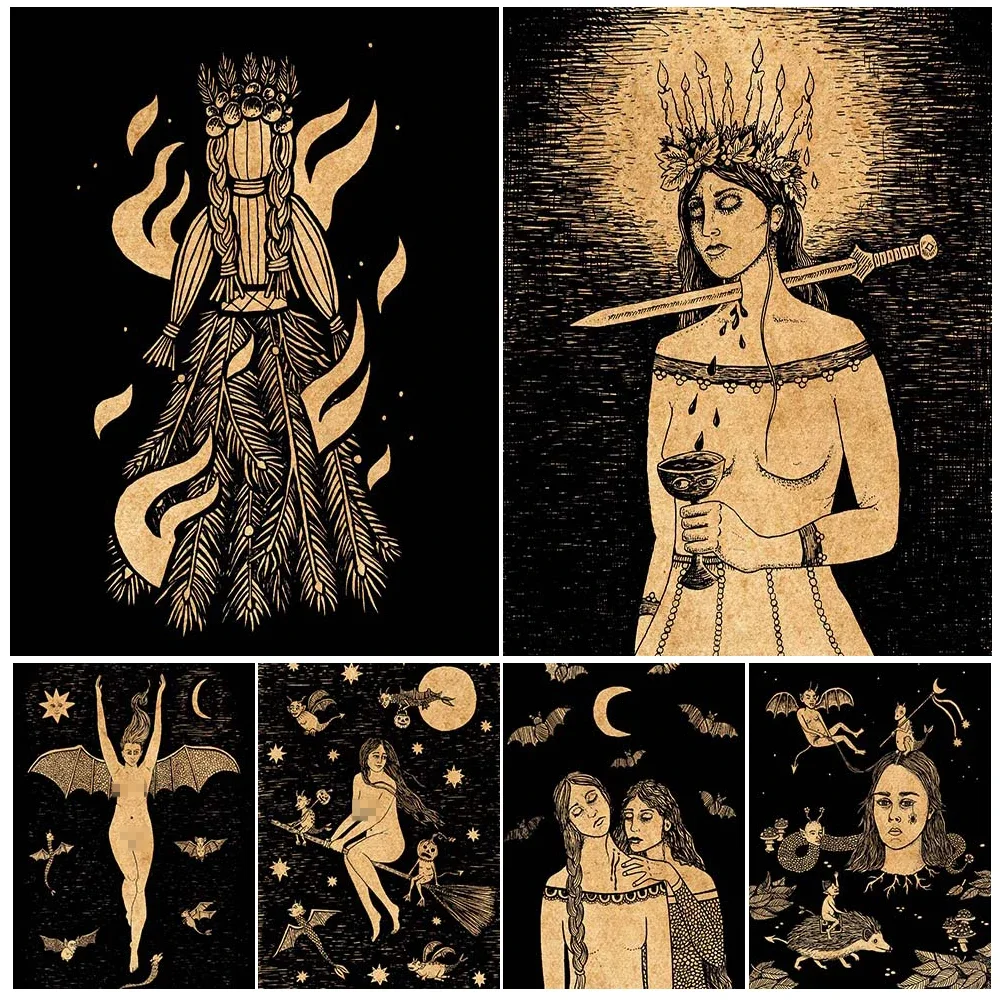 

Voodoo Doll,Flying Witch,Sun And Moon Plant,Vintage Wall Art Canvas Painting Witchcraft And Magic Element Art Poster Print Decor