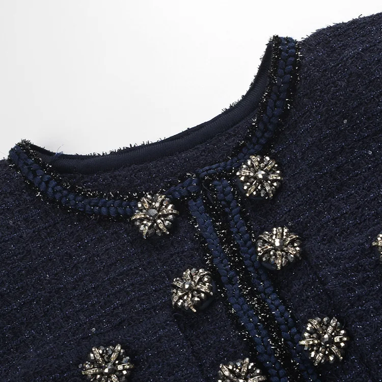 Elegant Autumn Knitted Dress Women Full Sleeve Double Breasted Beading Winter Clothing Blue Sweater Midi Sheath Dresses Knitwear