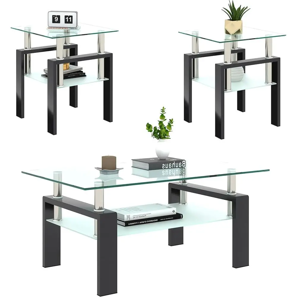 

3-Piece Modern Glass Coffee Table Set with Side Table and Black Metal Frame for Living Room