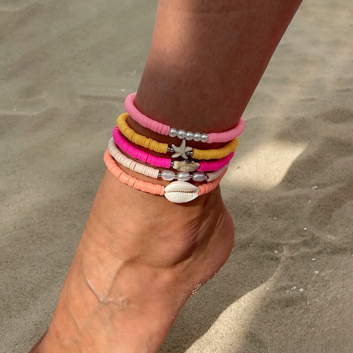 SHIXIN 5Pcs Boho Starfish Sea Turtle Scallop Anklets Set Colorful Beaded Imitation Pearl Ankle Chain For Women Barefoot Jewelry