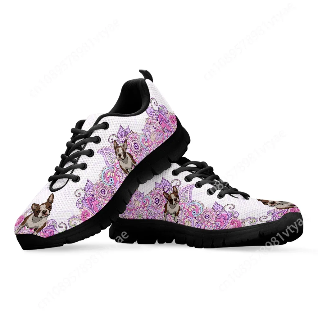 Custom Made Fashion Lavender Bohemian Mandala Flower Design Boston Terrier Print Lightweight Outdoor Sneakers Lace Up Shoes