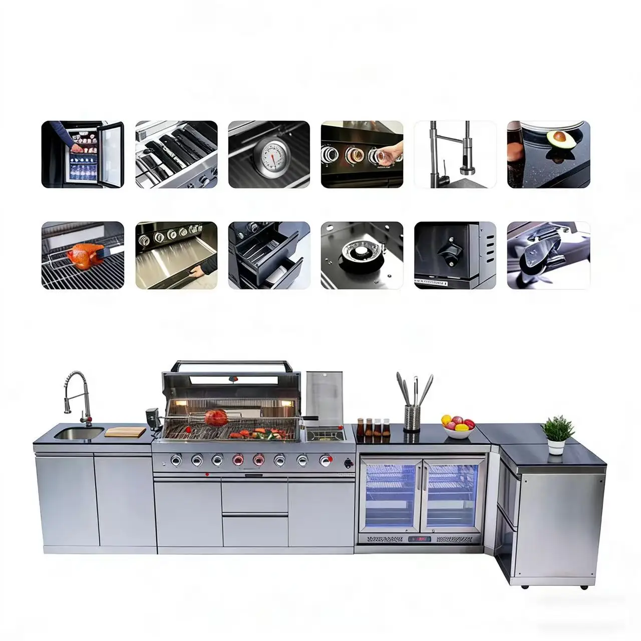Large Modern Outdoor Kitchen Island SUS430 Stainless Steel L-Shaped BBQ Grill Complete Outdoor Cabinet Island Garden Villa Party